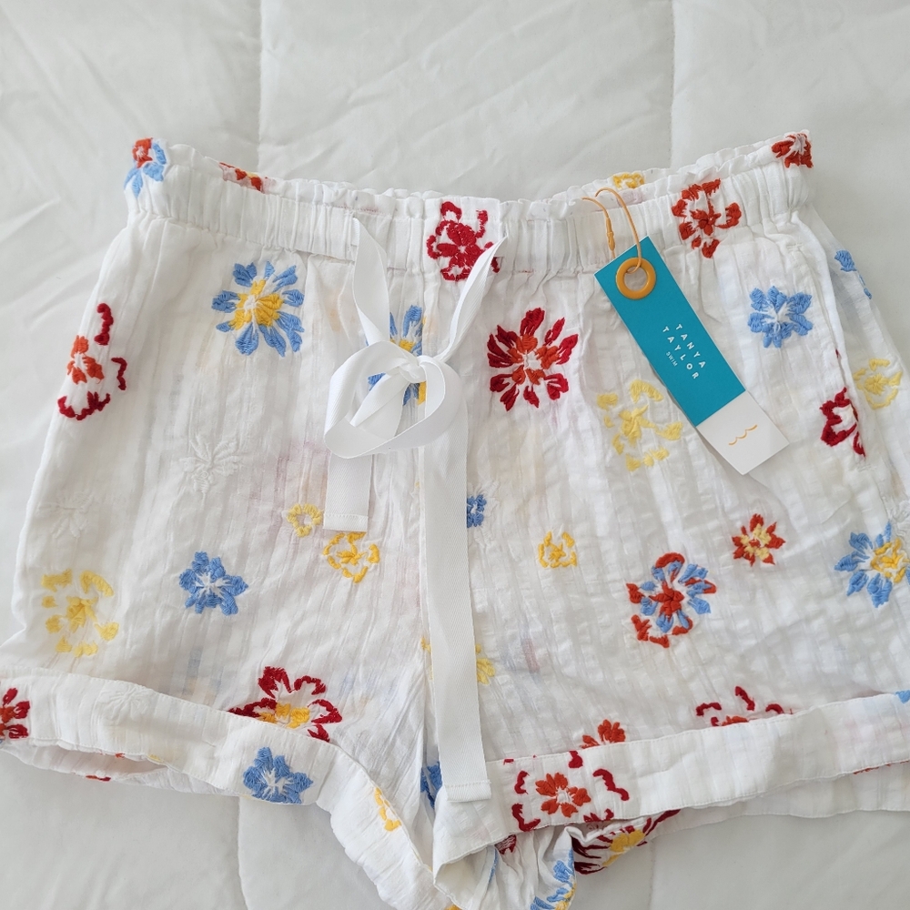 Tanya Taylor White Floral High Waist Swim Shorts